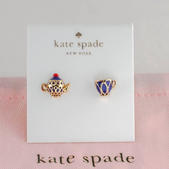 Kate Spade | Disney ~ Alice In Wonderland Blue Enamel Teacup Studs 12k Gold - Picture 6 of 12